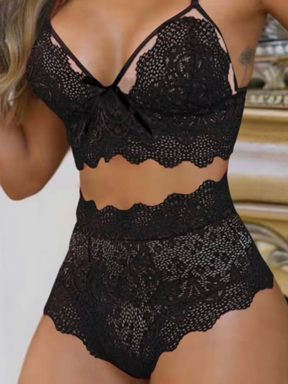 Black Lace High-Waist Bralette & Brief Set - Feminine Support